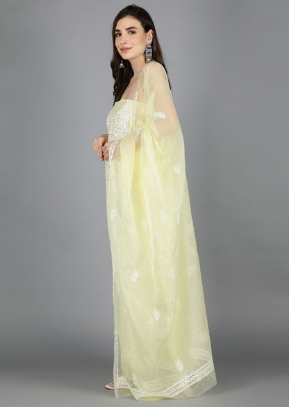 Firgun Lemon Lucknowi Chikankari and Mukaish Work Organza Unstitched Kurta & Dupatta Set