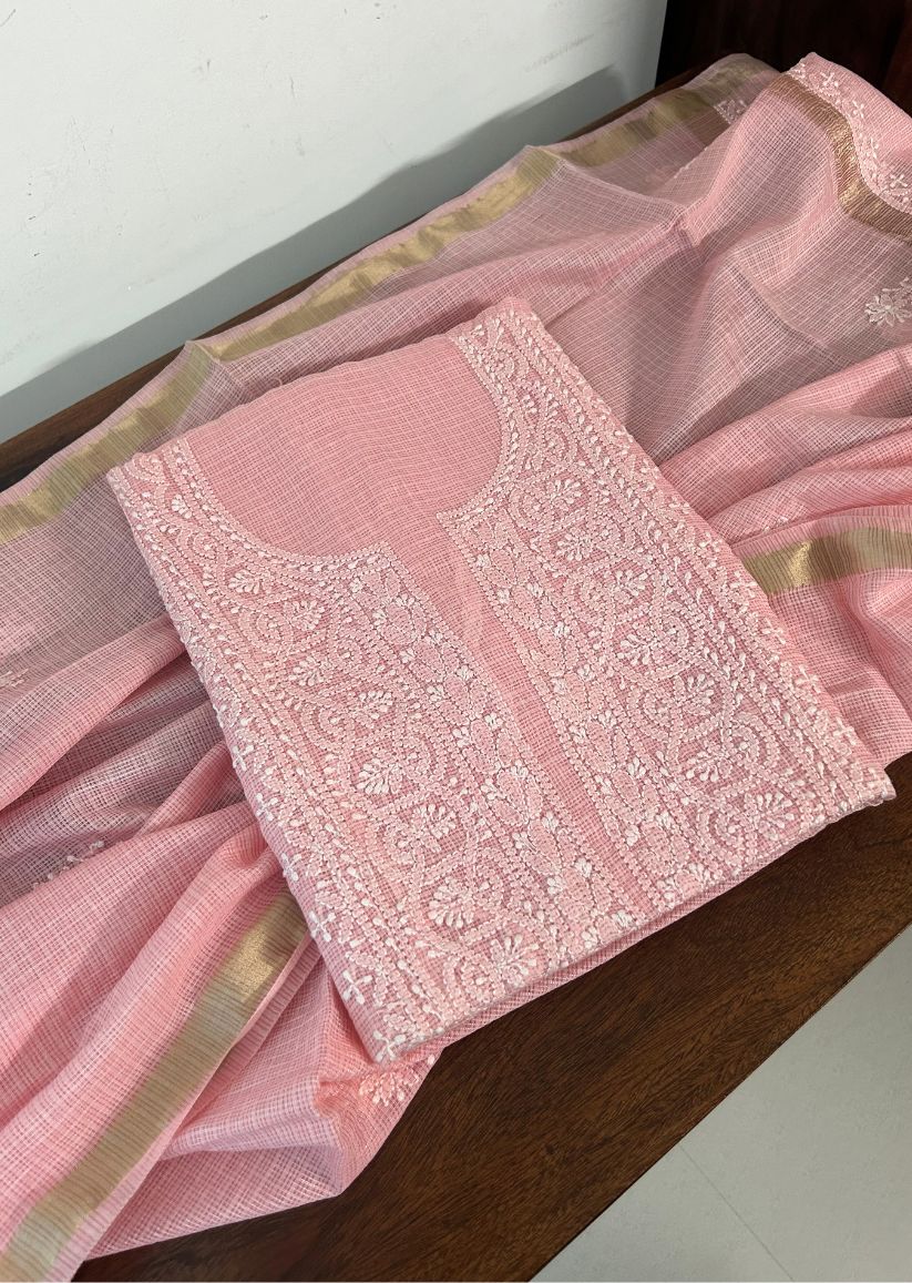 Firgun Peach Lucknowi Chikankari Kota Unstitched Kurta & Dupatta Set