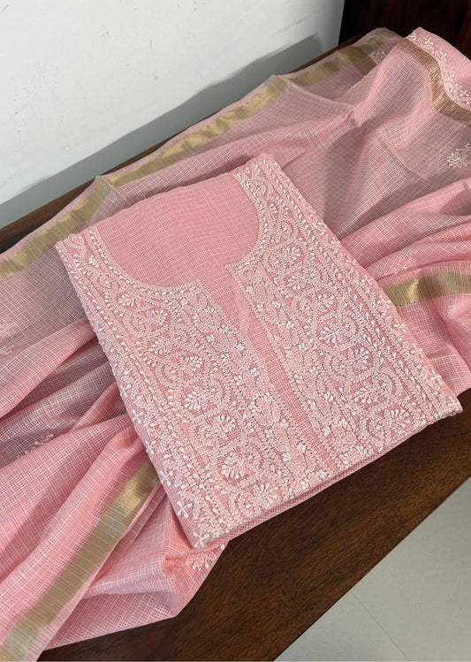 Firgun Peach Lucknowi Chikankari Kota Unstitched Kurta & Dupatta Set