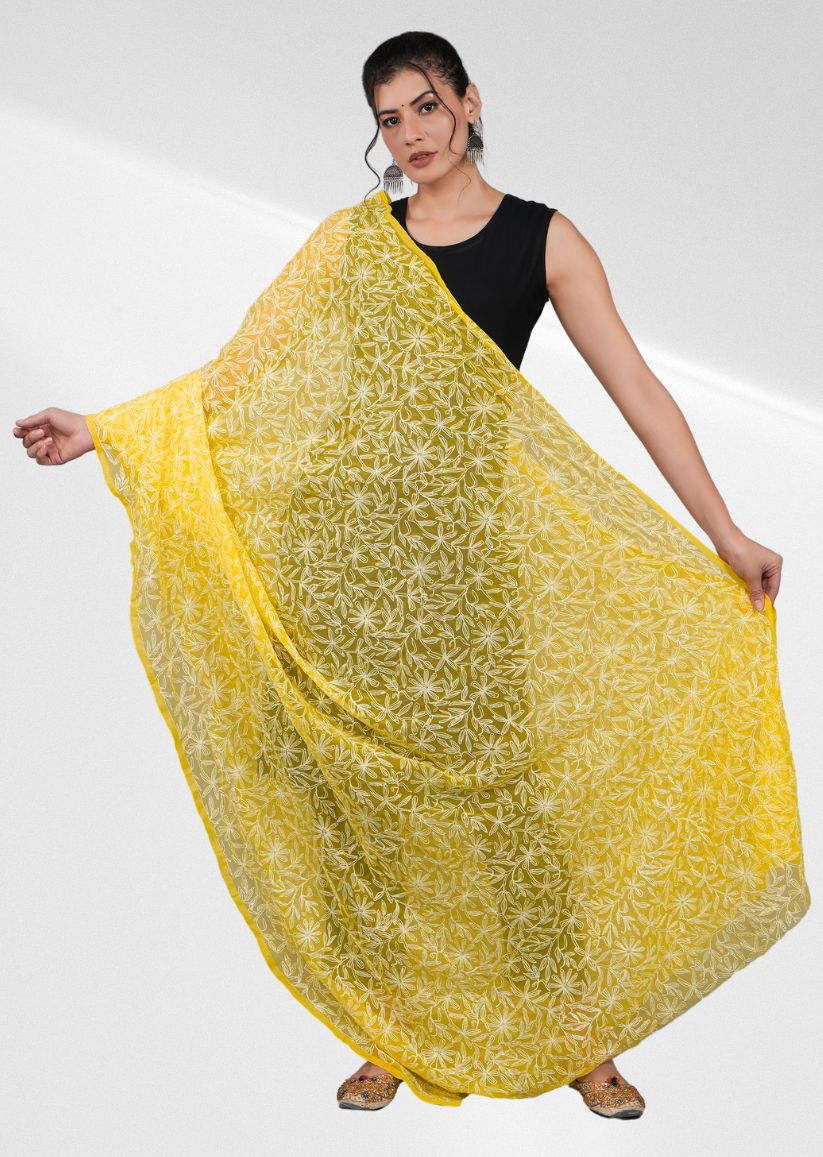 Firgun Mustard Yellow Tepchi Lucknowi Chikankari Georgette Dupatta
