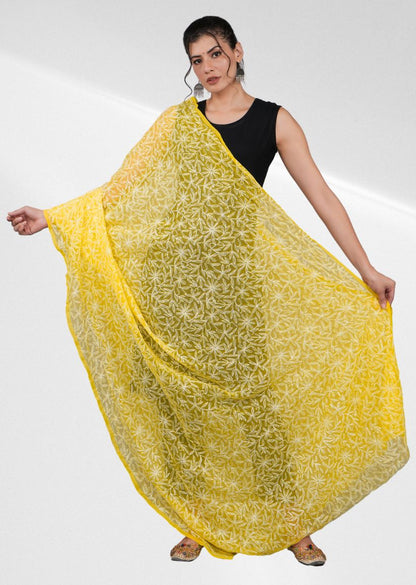 Firgun Mustard Yellow Tepchi Lucknowi Chikankari Georgette Dupatta