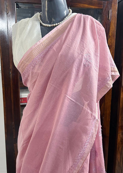 Firgun Onion Pink Lucknowi Chikankari Mul Cotton Saree with Unstitched Blouse Piece
