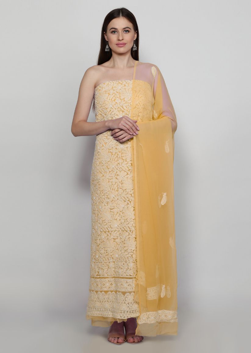 Firgun Hand Embroidered Beige Lucknowi Chikankari Georgette Unstitched Suit Set