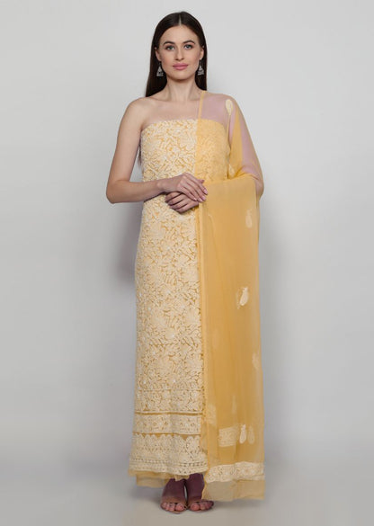 Firgun Hand Embroidered Beige Lucknowi Chikankari Georgette Unstitched Suit Set