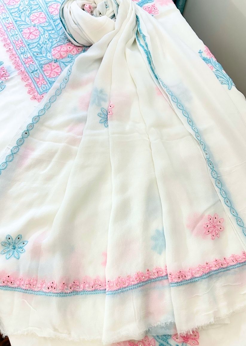 Firgun White Multi Colour Lucknowi Chikankari & Mukaish Work Viscose Georgette Unstitched Kurta & Dupatta Set