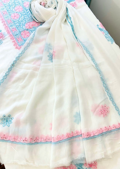 Firgun White Multi Colour Lucknowi Chikankari & Mukaish Work Viscose Georgette Unstitched Kurta & Dupatta Set