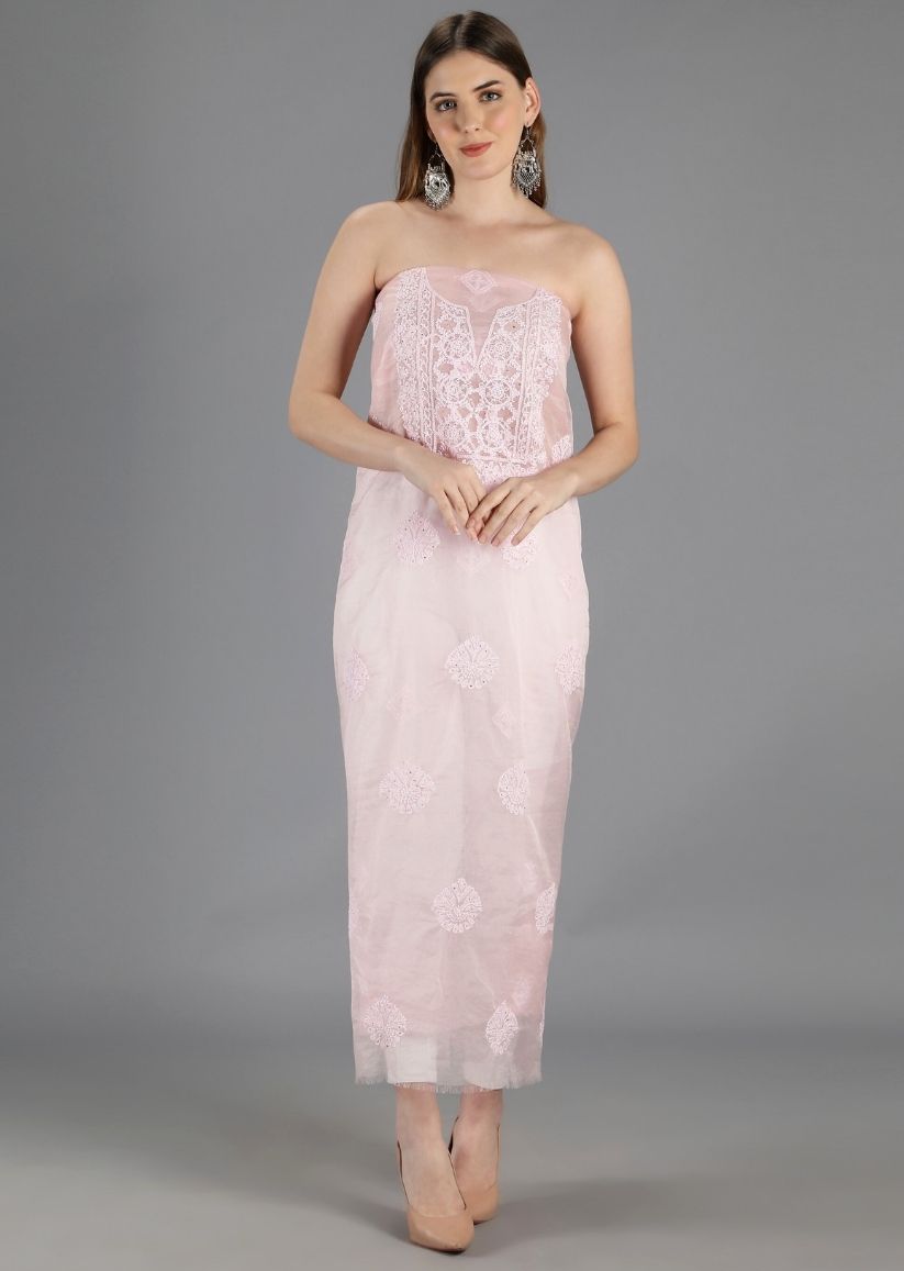 Firgun Baby Pink Lucknowi Chikankari Organza Unstitched Kurta & Dupatta Set