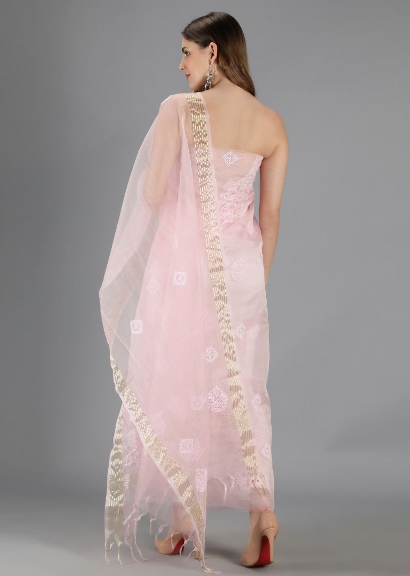Firgun Baby Pink Lucknowi Chikankari Organza Unstitched Kurta & Dupatta Set