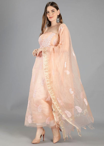 Firgun Peach Lucknowi Chikankari Organza Unstitched Kurta & Dupatta Set