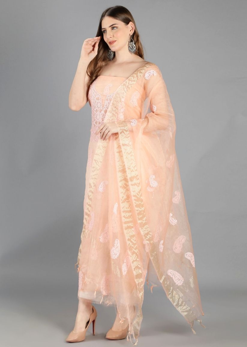Firgun Peach Lucknowi Chikankari Organza Unstitched Kurta & Dupatta Set