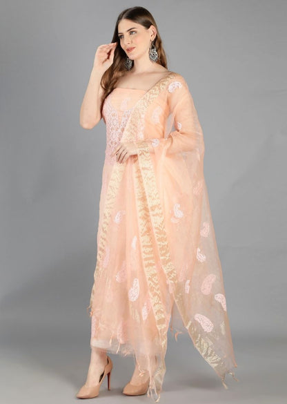 Firgun Peach Lucknowi Chikankari Organza Unstitched Kurta & Dupatta Set