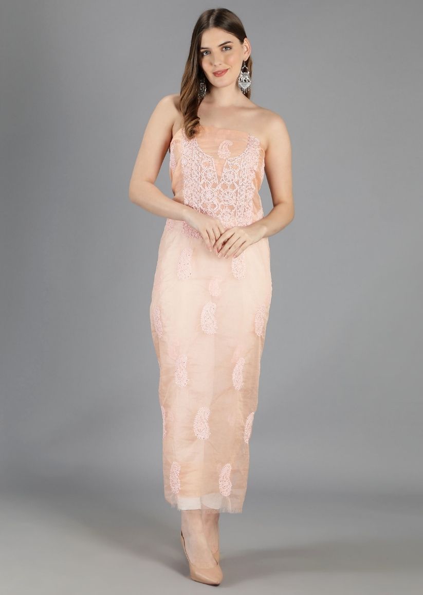 Firgun Peach Lucknowi Chikankari Organza Unstitched Kurta & Dupatta Set