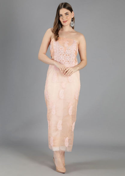 Firgun Peach Lucknowi Chikankari Organza Unstitched Kurta & Dupatta Set