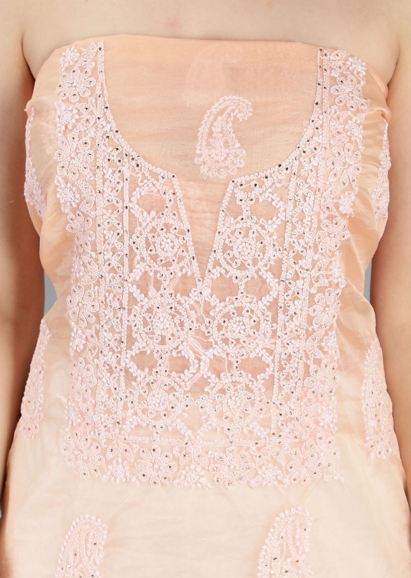 Firgun Peach Lucknowi Chikankari Organza Unstitched Kurta & Dupatta Set