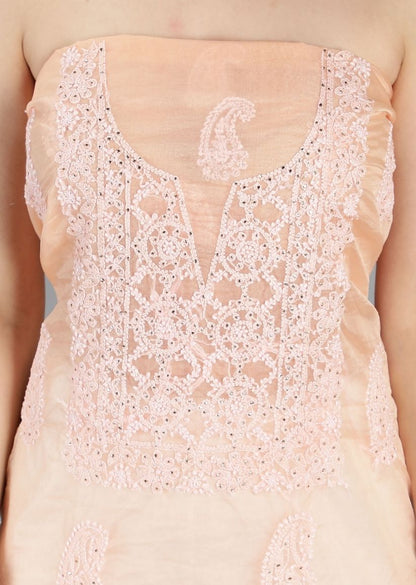 Firgun Peach Lucknowi Chikankari Organza Unstitched Kurta & Dupatta Set