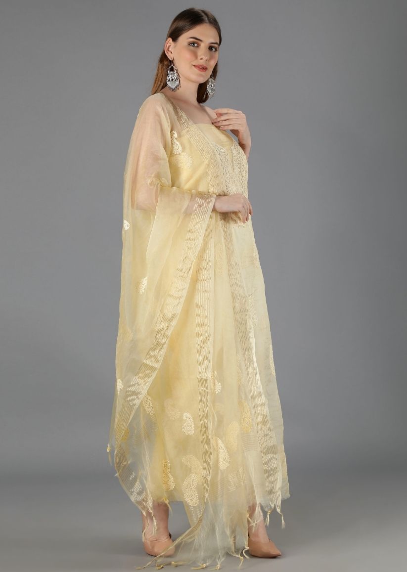 Firgun Mustard Yellow Lucknowi Chikankari Organza Unstitched Kurta & Dupatta Set