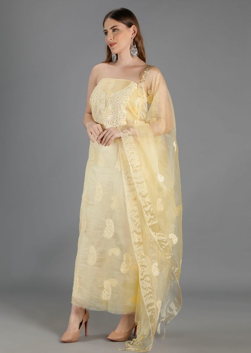 Firgun Mustard Yellow Lucknowi Chikankari Organza Unstitched Kurta & Dupatta Set