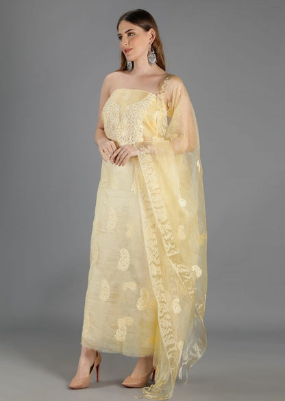 Firgun Mustard Yellow Lucknowi Chikankari Organza Unstitched Kurta & Dupatta Set