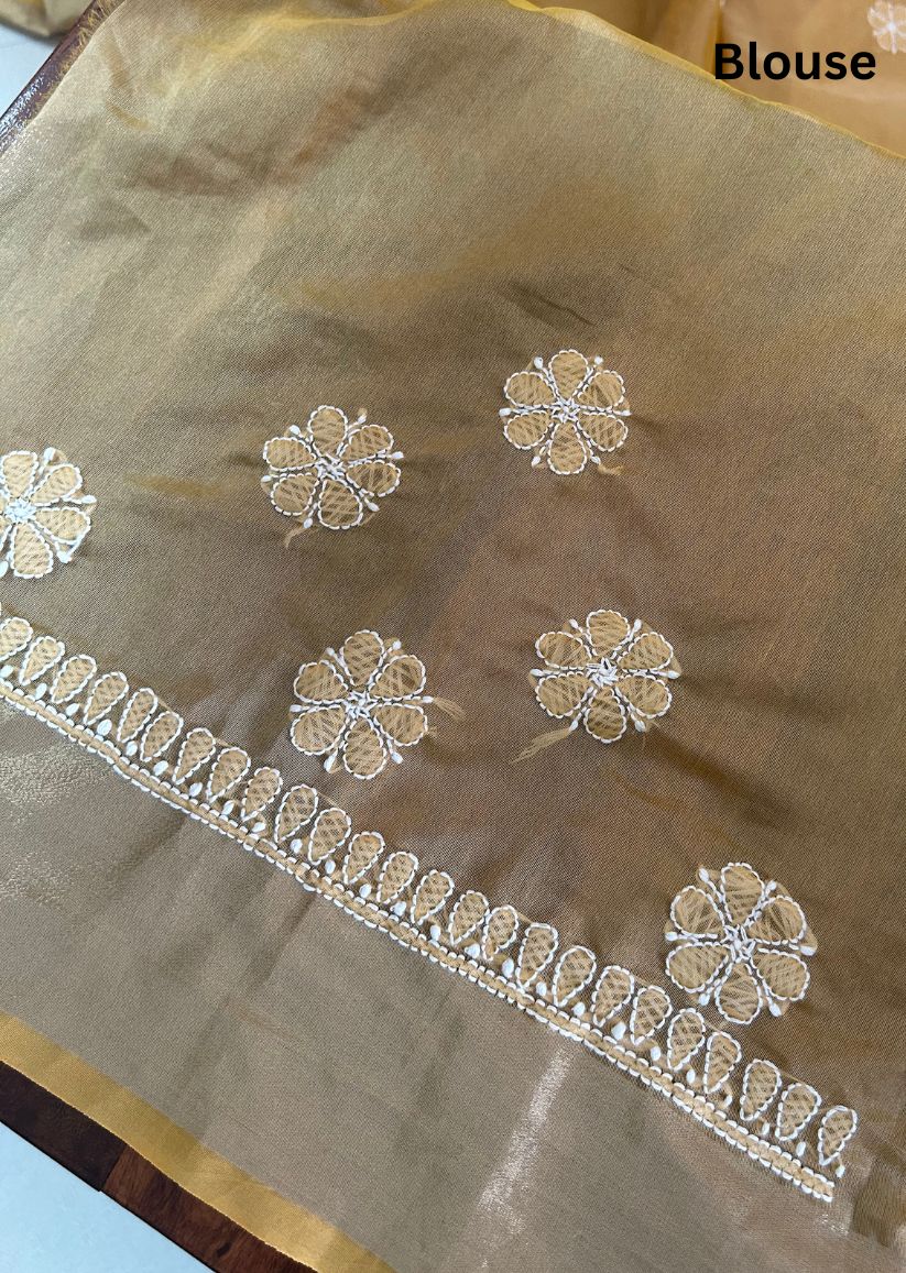Firgun Beige Lucknowi Chikankari Chanderi Saree with Unstitched Blouse Piece