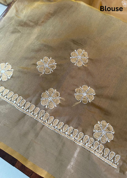 Firgun Beige Lucknowi Chikankari Chanderi Saree with Unstitched Blouse Piece