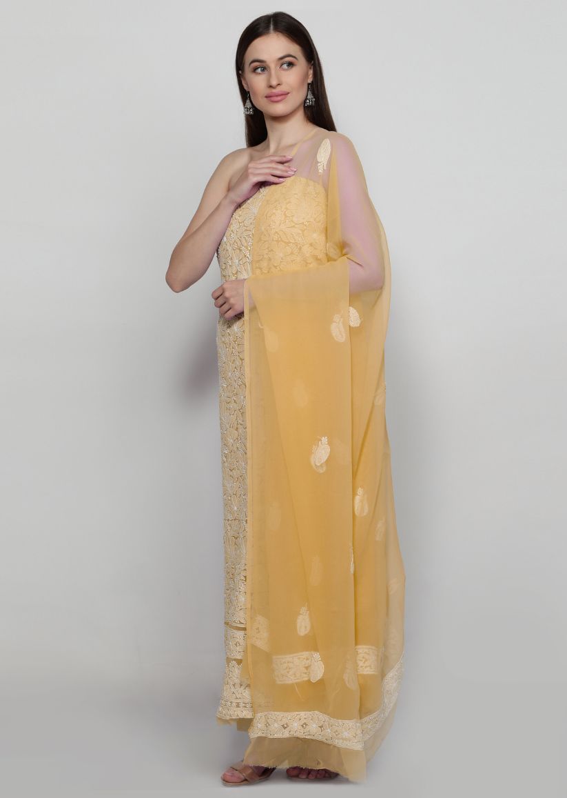 Firgun Hand Embroidered Beige Lucknowi Chikankari Georgette Unstitched Suit Set