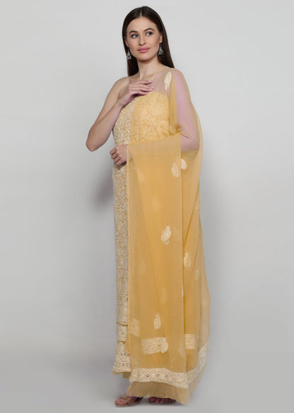 Firgun Hand Embroidered Beige Lucknowi Chikankari Georgette Unstitched Suit Set