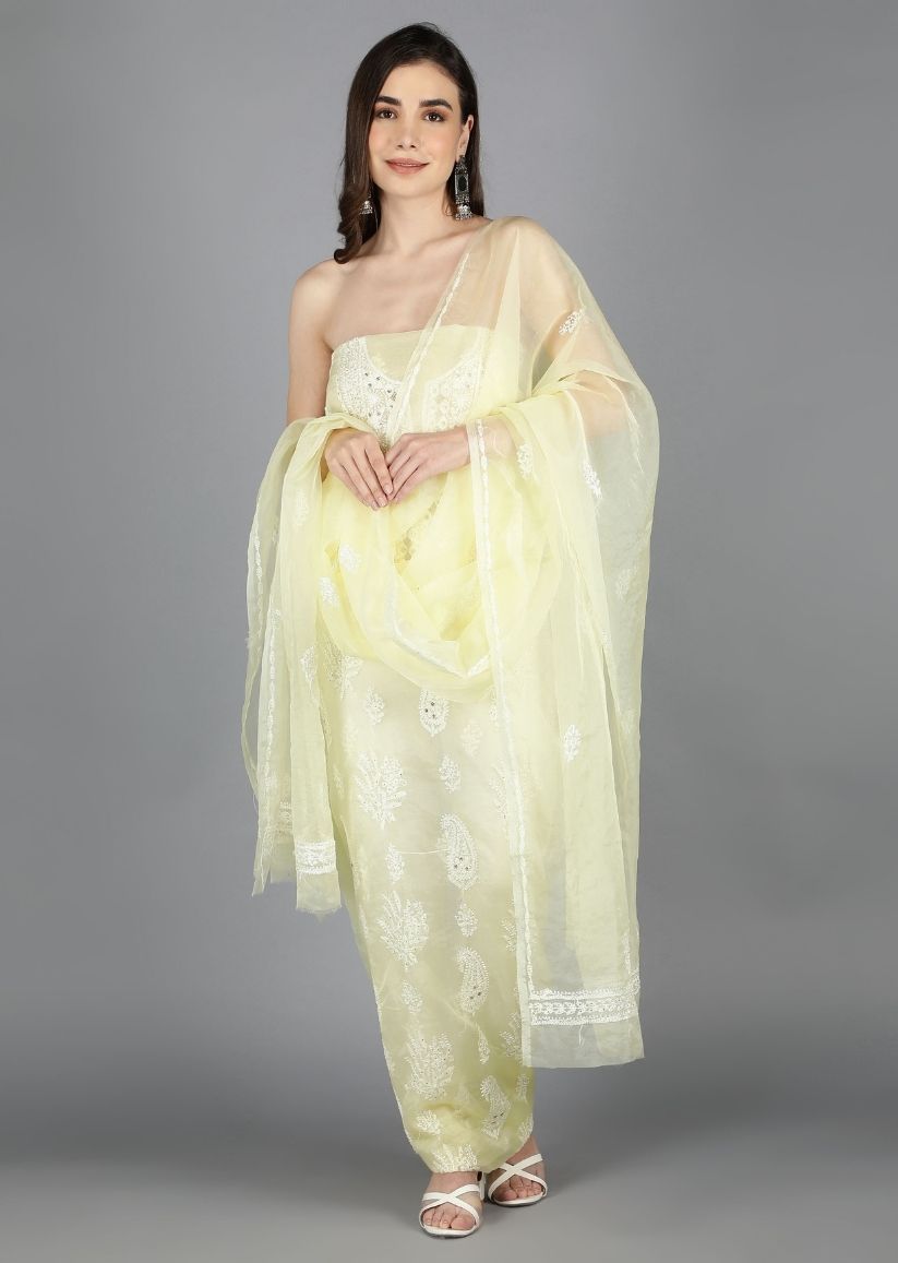 Firgun Lemon Lucknowi Chikankari and Mukaish Work Organza Unstitched Kurta & Dupatta Set