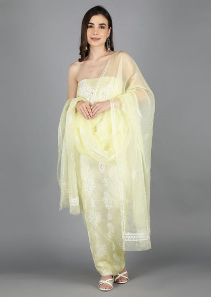 Firgun Lemon Lucknowi Chikankari and Mukaish Work Organza Unstitched Kurta & Dupatta Set