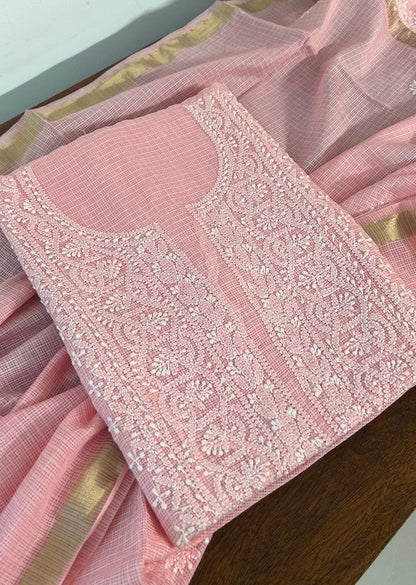 Firgun Peach Lucknowi Chikankari Kota Unstitched Kurta & Dupatta Set