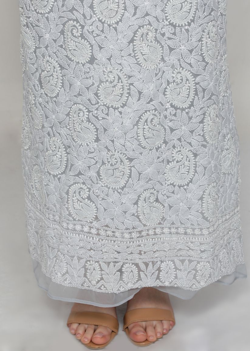 Firgun Hand Embroidered Grey Lucknowi Chikankari Georgette Unstitched Suit Set
