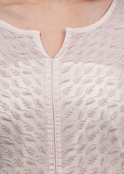 Firgun Beige Lucknowi Chikankari Viscose Mul Chanderi Semi-stitched Anarkali & Dupatta Set