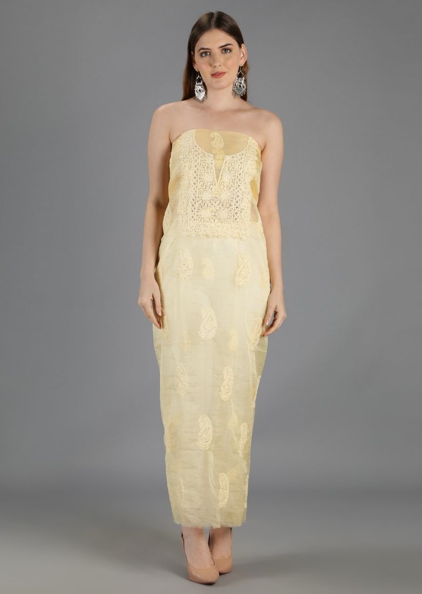 Firgun Mustard Yellow Lucknowi Chikankari Organza Unstitched Kurta & Dupatta Set
