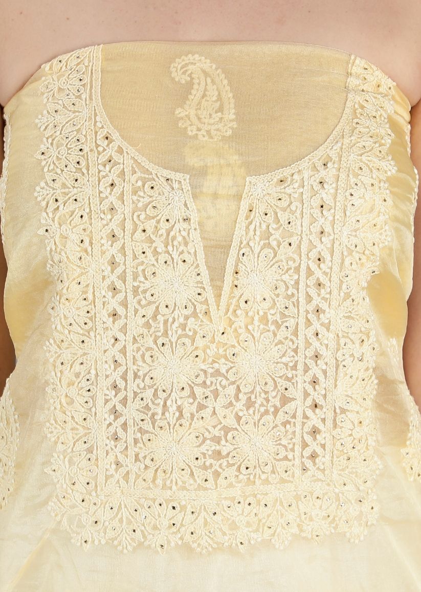 Firgun Mustard Yellow Lucknowi Chikankari Organza Unstitched Kurta & Dupatta Set