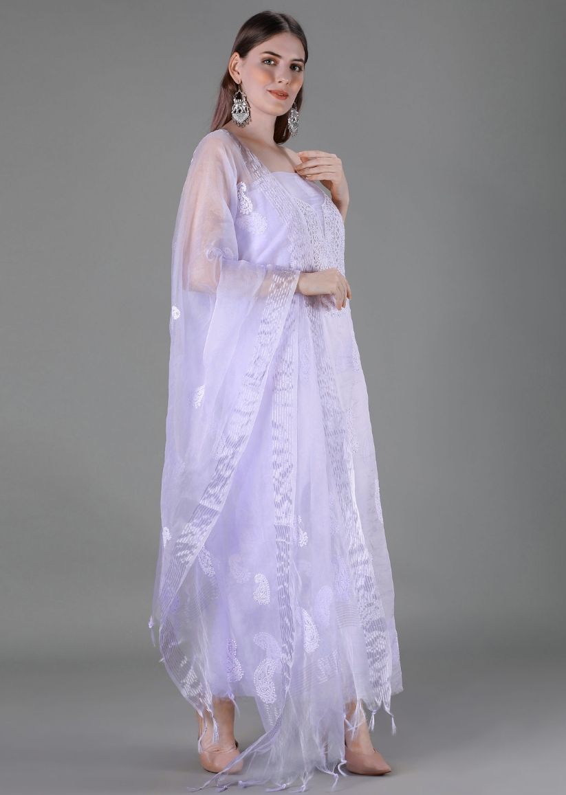 Firgun Lavender Lucknowi Chikankari Organza Unstitched Kurta & Dupatta Set