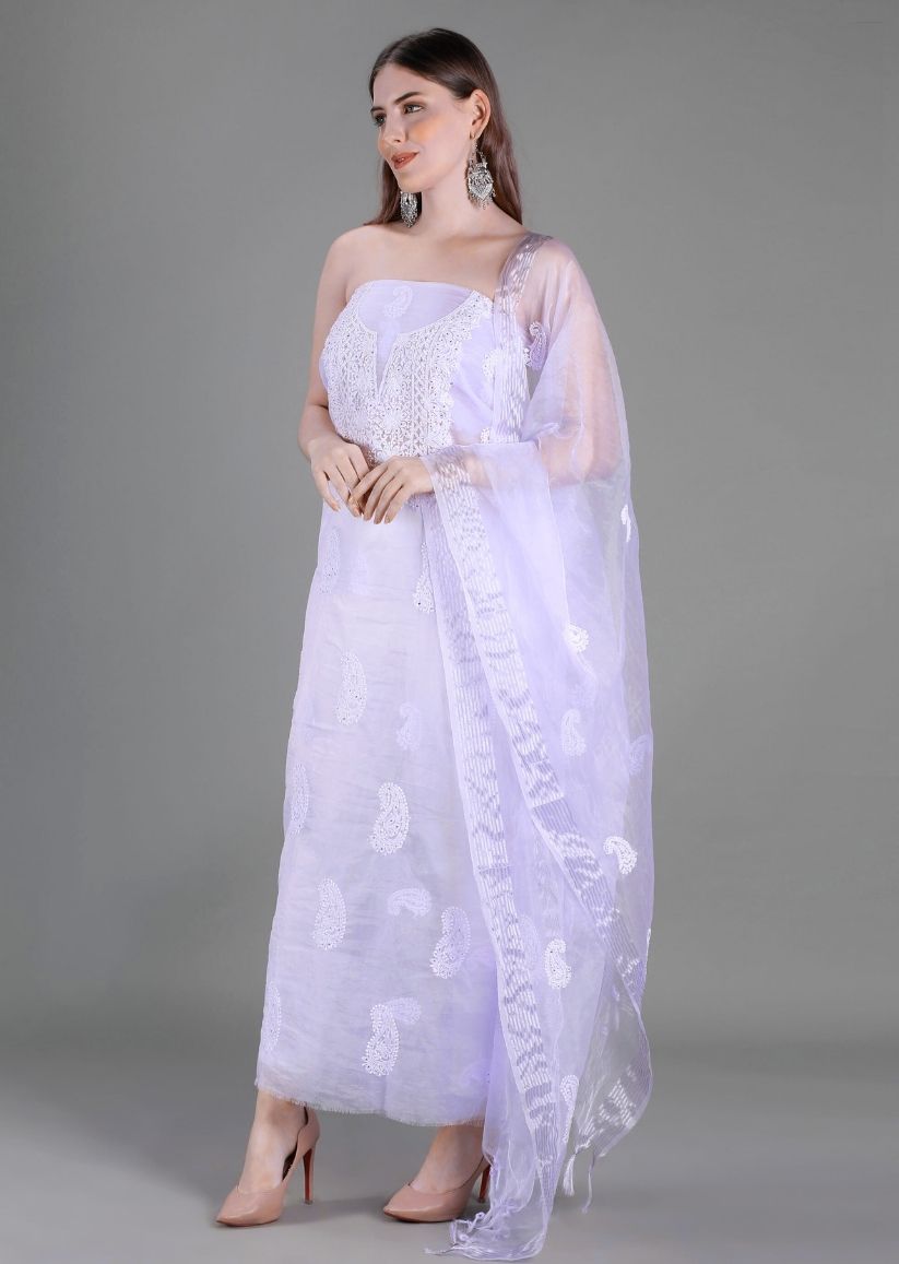 Firgun Lavender Lucknowi Chikankari Organza Unstitched Kurta & Dupatta Set