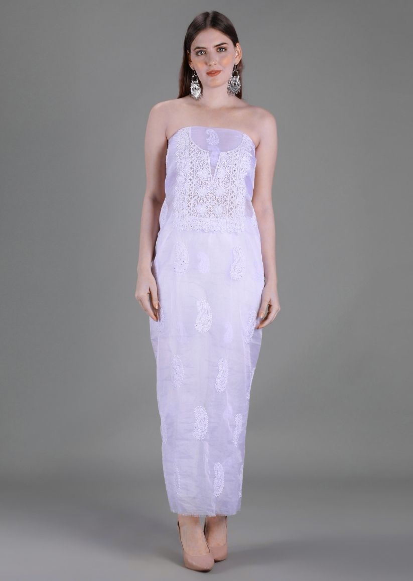 Firgun Lavender Lucknowi Chikankari Organza Unstitched Kurta & Dupatta Set