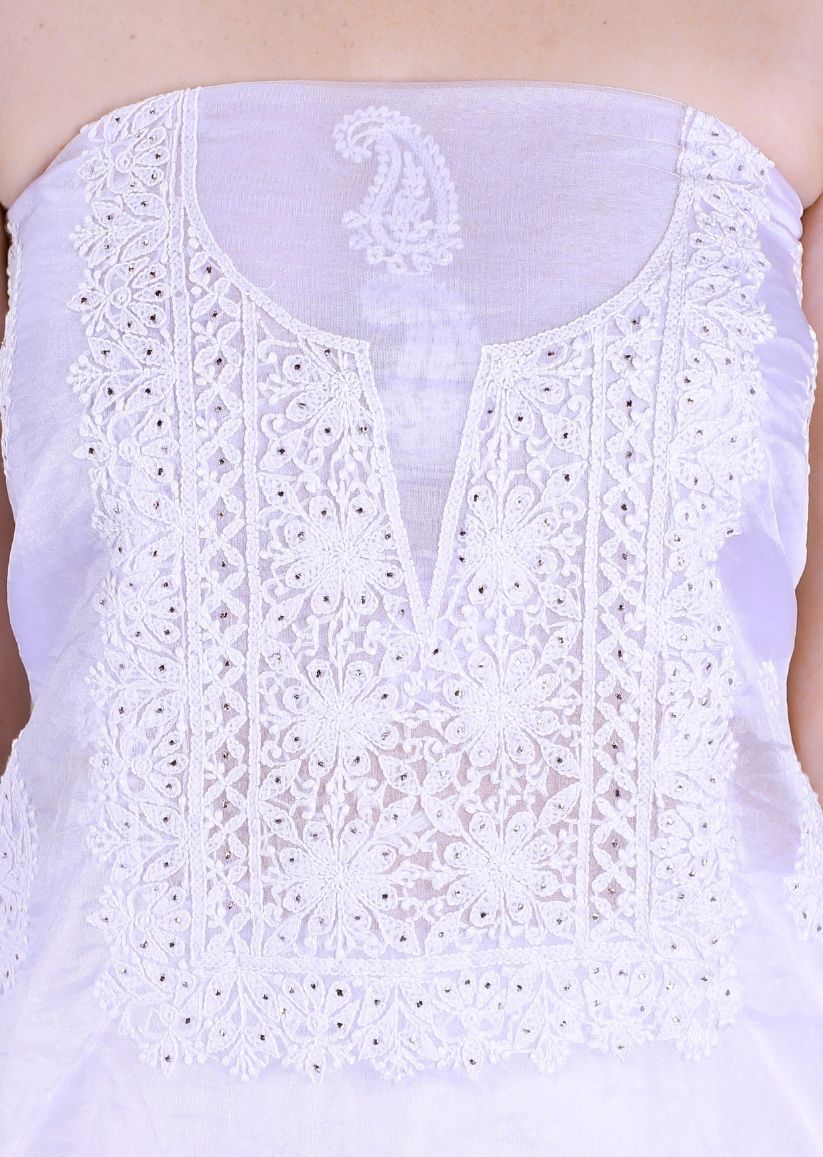 Firgun Lavender Lucknowi Chikankari Organza Unstitched Kurta & Dupatta Set