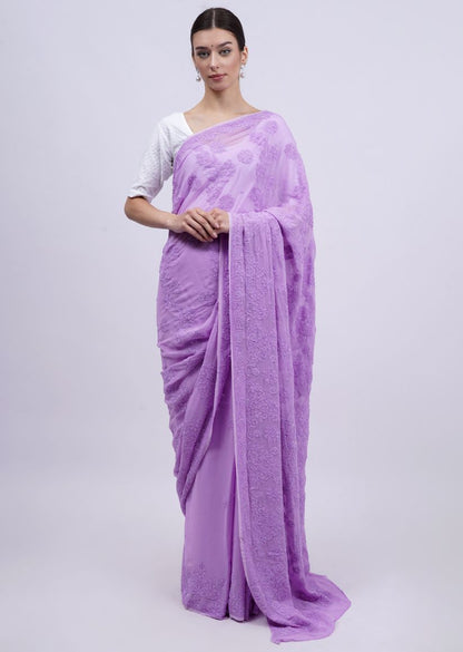 Firgun Lavender Lucknowi Chikankari Viscose Georgette Saree with Unstitched Blouse Piece