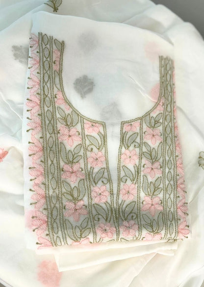 Firgun White Lucknowi Chikankari Viscose Georgette Unstitched Kurta & Dupatta Set