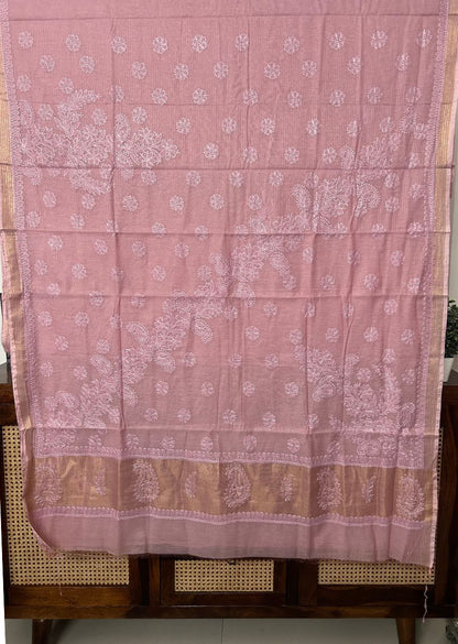 Firgun Onion Pink Lucknowi Chikankari Mul Cotton Saree with Unstitched Blouse Piece
