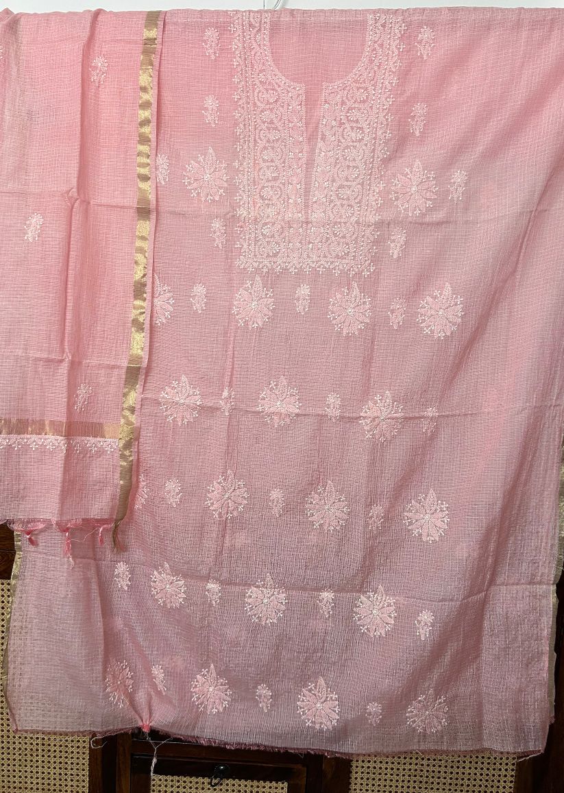 Firgun Peach Lucknowi Chikankari Kota Unstitched Kurta & Dupatta Set