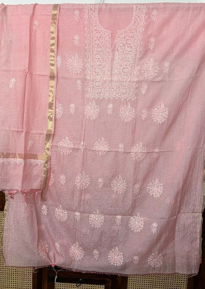 Firgun Peach Lucknowi Chikankari Kota Unstitched Kurta & Dupatta Set