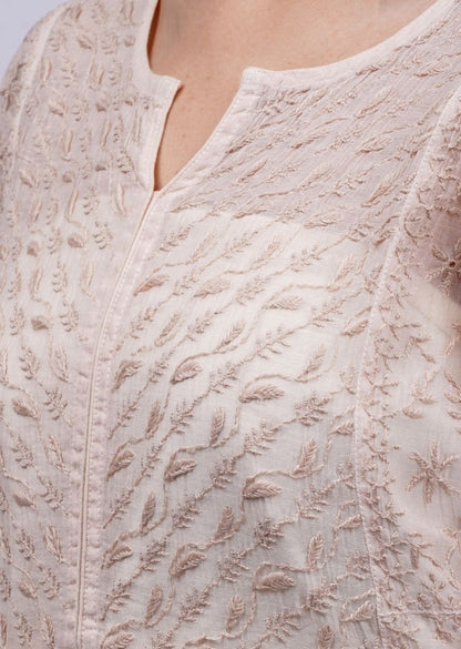 Firgun Beige Lucknowi Chikankari Viscose Mul Chanderi Semi-stitched Anarkali & Dupatta Set