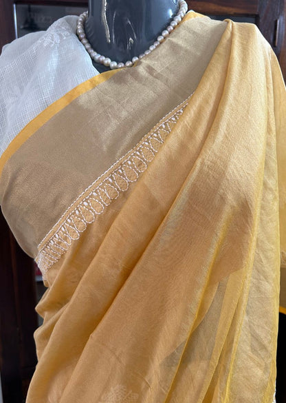 Firgun Beige Lucknowi Chikankari Chanderi Saree with Unstitched Blouse Piece