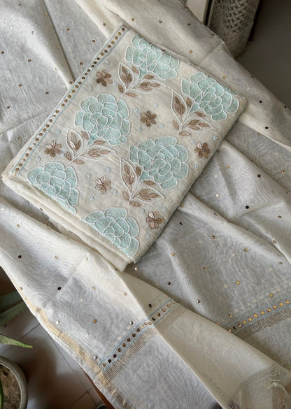 Firgun White Mul Chanderi Unstitched Kurta & Dupatta Set