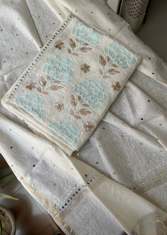 Firgun White Mul Chanderi Unstitched Kurta & Dupatta Set