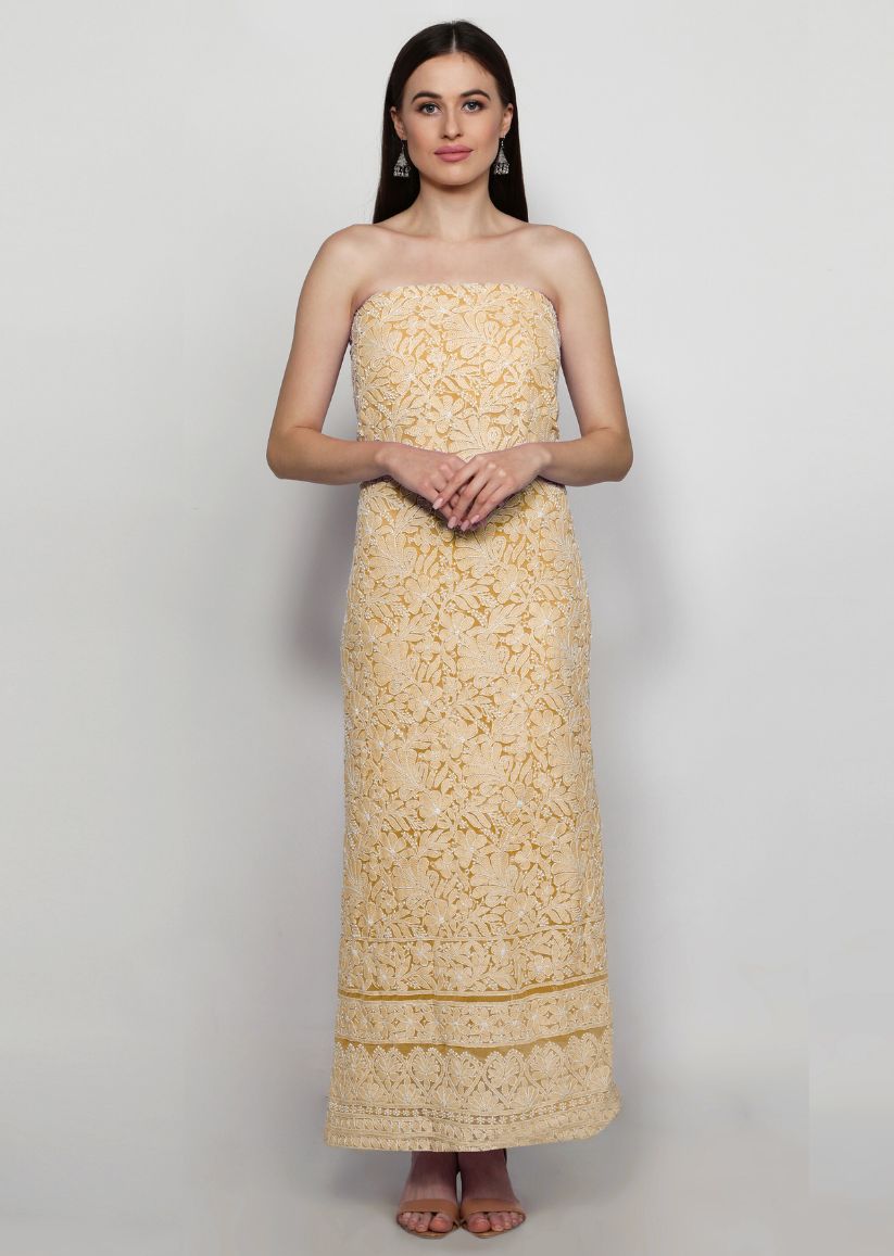 Firgun Hand Embroidered Beige Lucknowi Chikankari Georgette Unstitched Suit Set