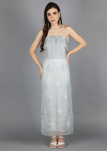 Firgun Grey Lucknowi Chikankari Organza Unstitched Kurta & Dupatta Set