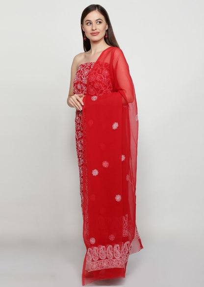 Firgun Red Lucknowi Chikankari Georgette Unstitched Suit Set
