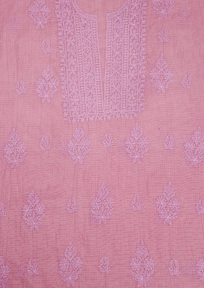 Firgun Pink Lucknowi Chikankari Kota Unstitched Kurta & Dupatta Set